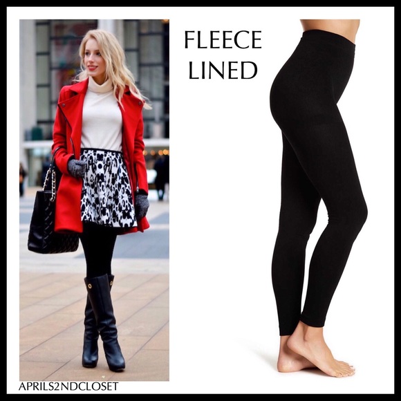 BLACK FLEECE LINED LEGGINGS FOOTLESS TIGHTS - Picture 7 of 12